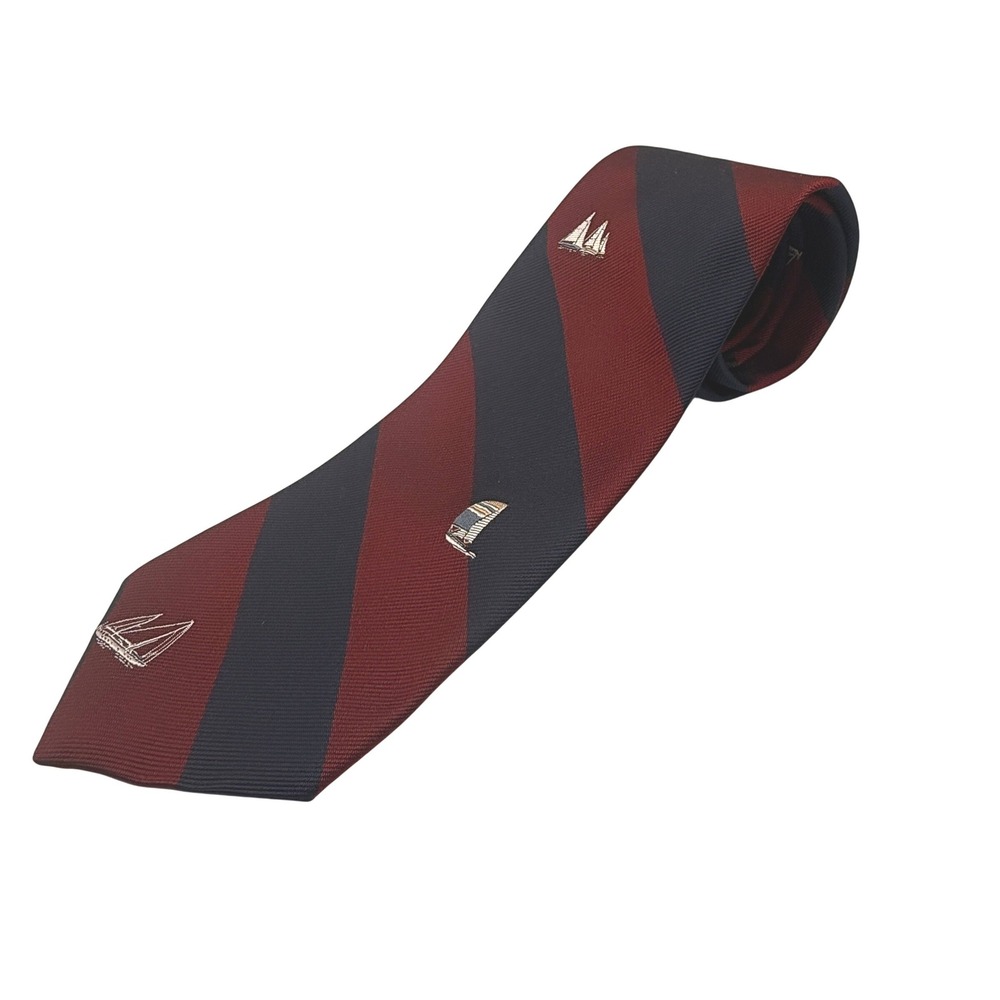 Pintail Mens Silk Tie Burgundy Navy Blue Repp Stripe Sailboat Nautical Made  USA